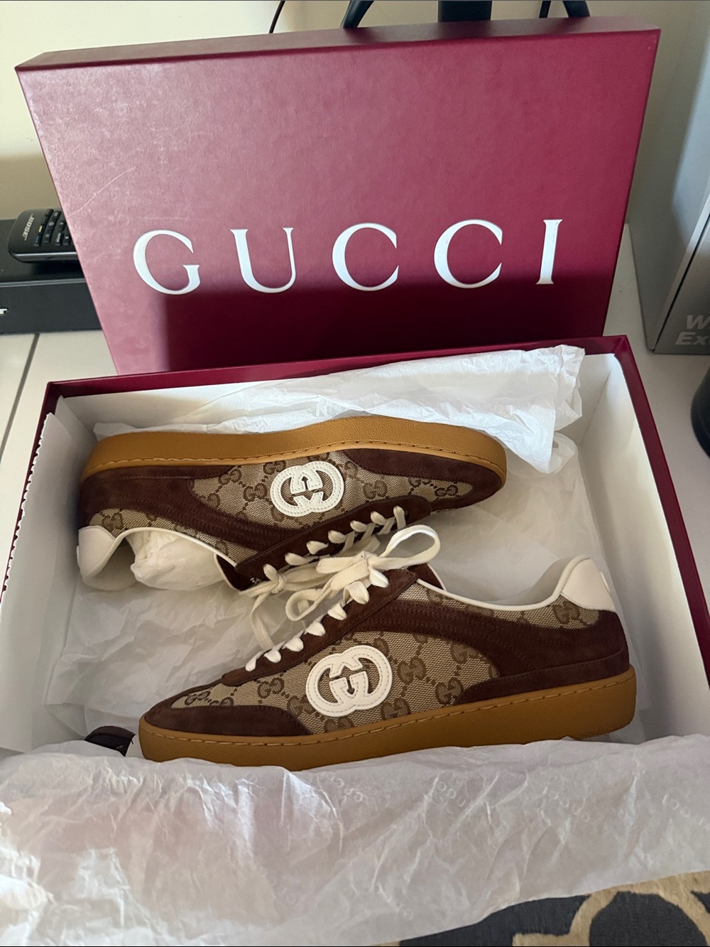 Gucci Brown Monogram Low-Top Sneakers with White Logo